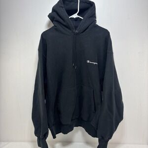 VTG 90s Champion Reverse Weave Hoodie Sweatshirt Mens XL Black Distressed